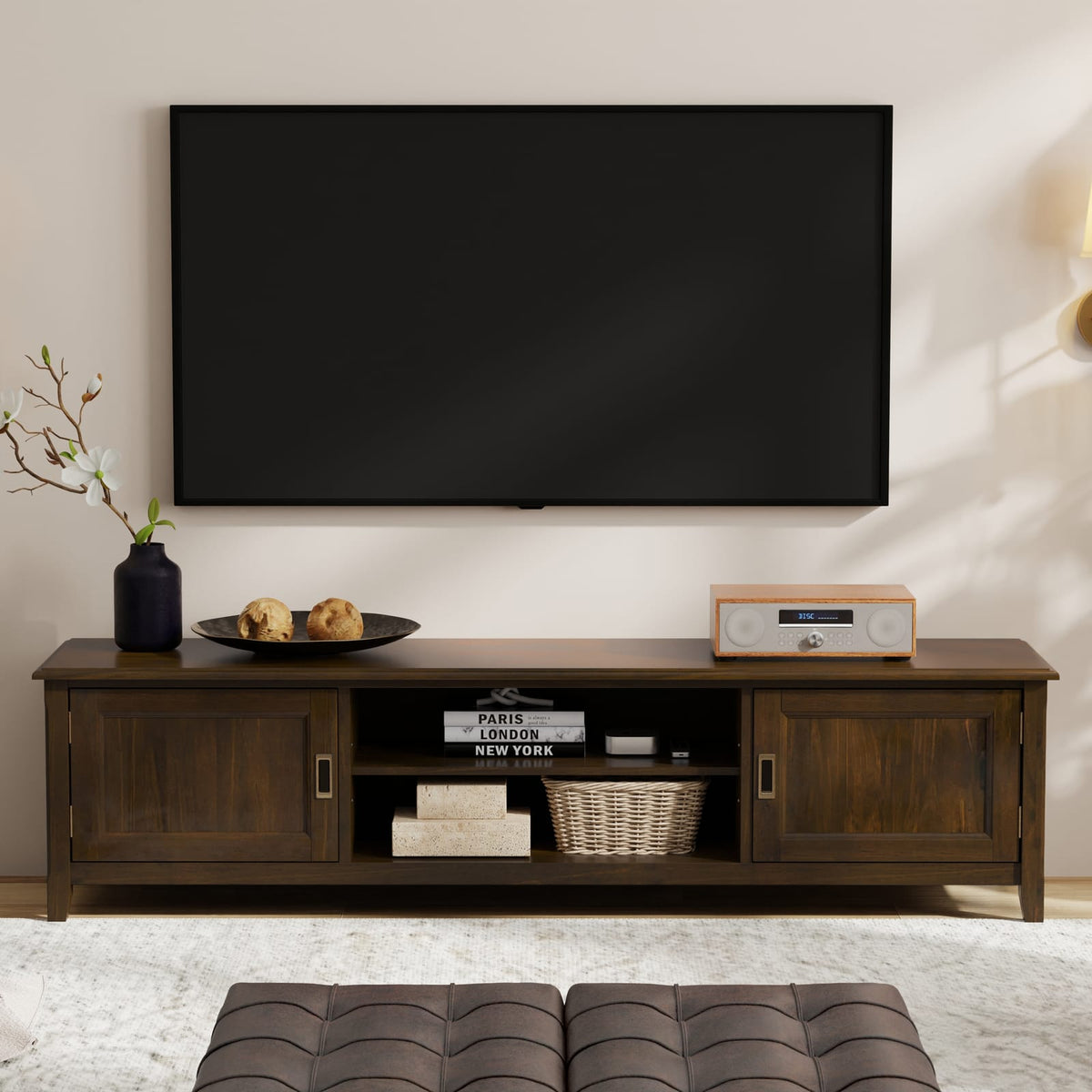Solid Wood TV Stand - Mahogany Brown - 72" Wide for Living Room