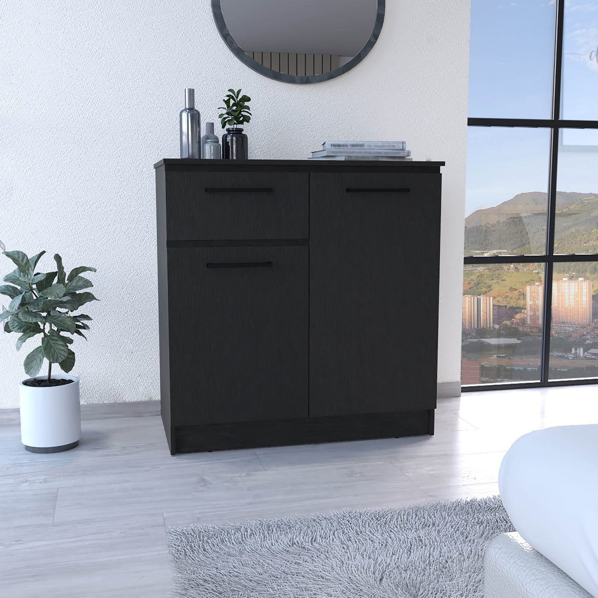 Black Engineered Wood Dresser - 2-Door & Single Drawer for Bedroom
