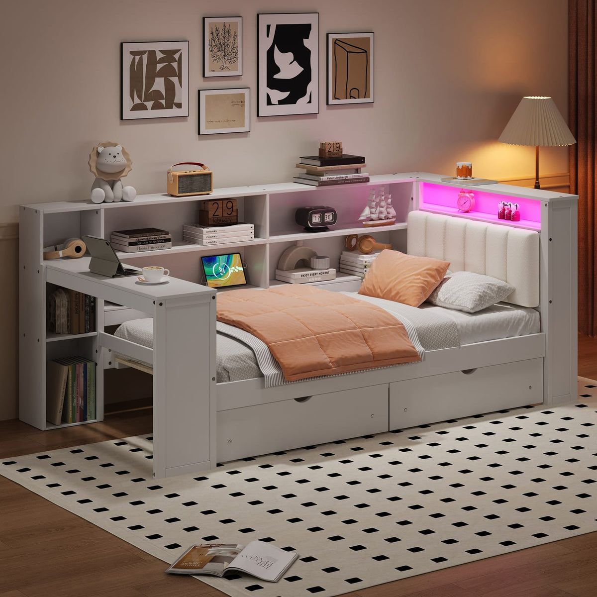 Twin Size Beige+White Wood Platform Bed with Storage