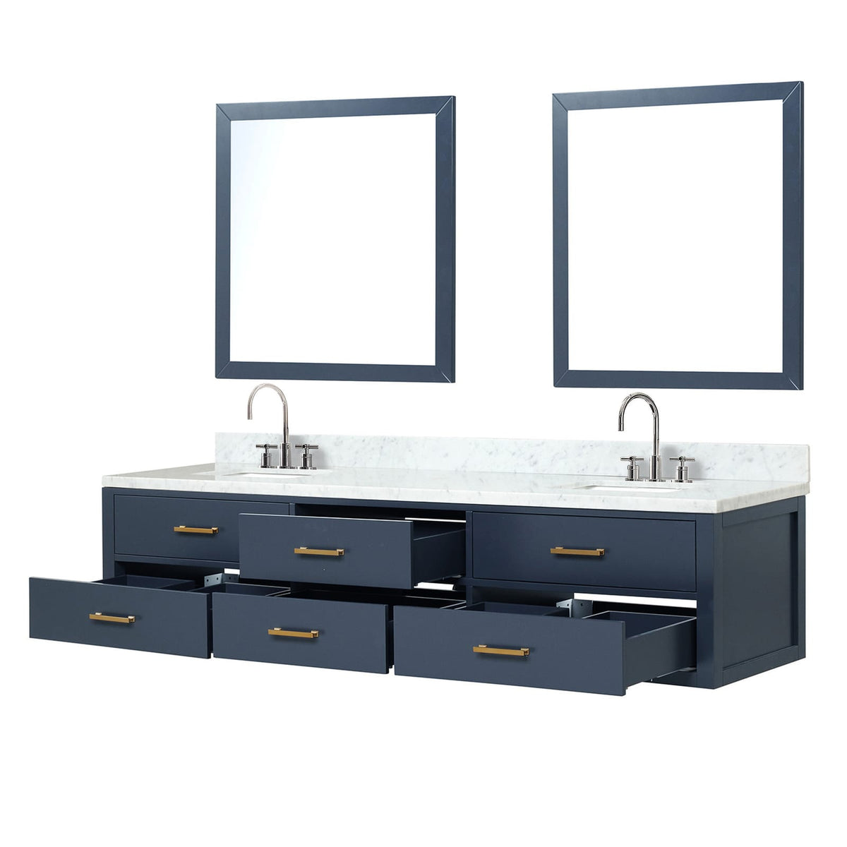 Blue Double Bath Vanity - 84" W with Carrara Marble Top & Mirrors
