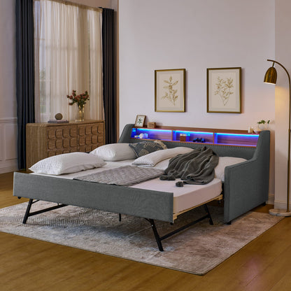 Grey Twin Sofa Bed with LED Lights, Trundle & Charging Storage for Living Room
