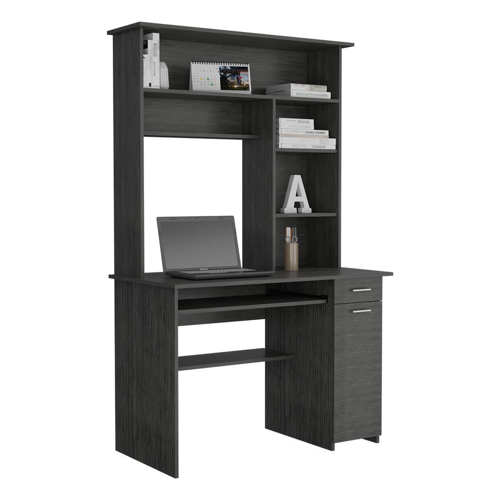 Smoky Oak Compu Hutch Desk - Storage & Keyboard Tray for Home Office