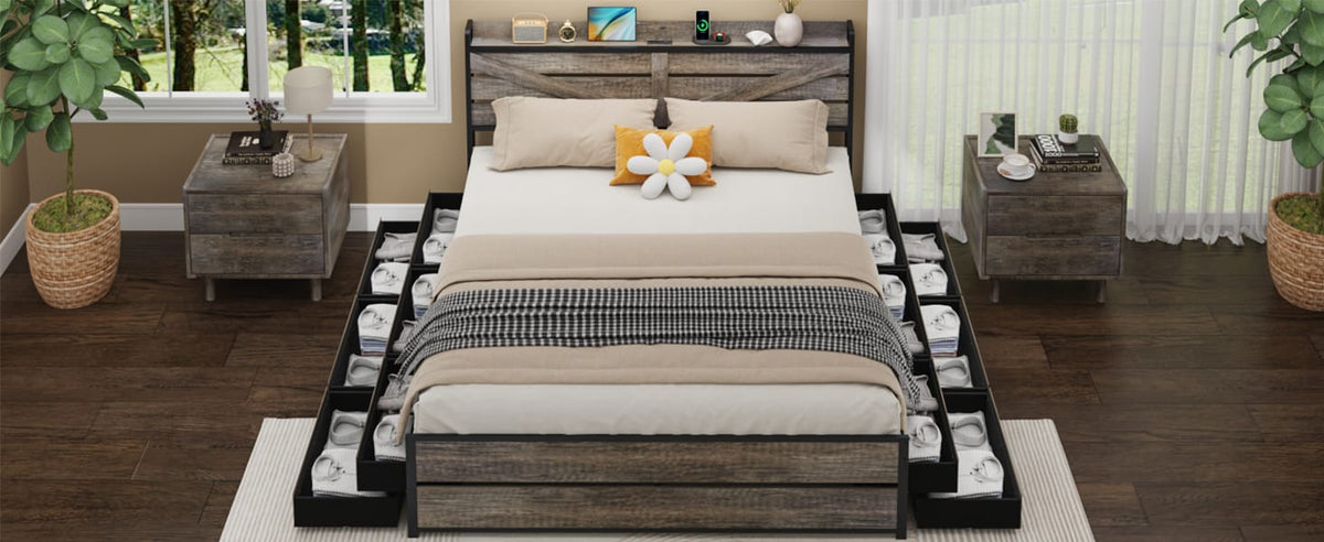 Queen Bed Frame with Storage Headboard - Metal & Oak
