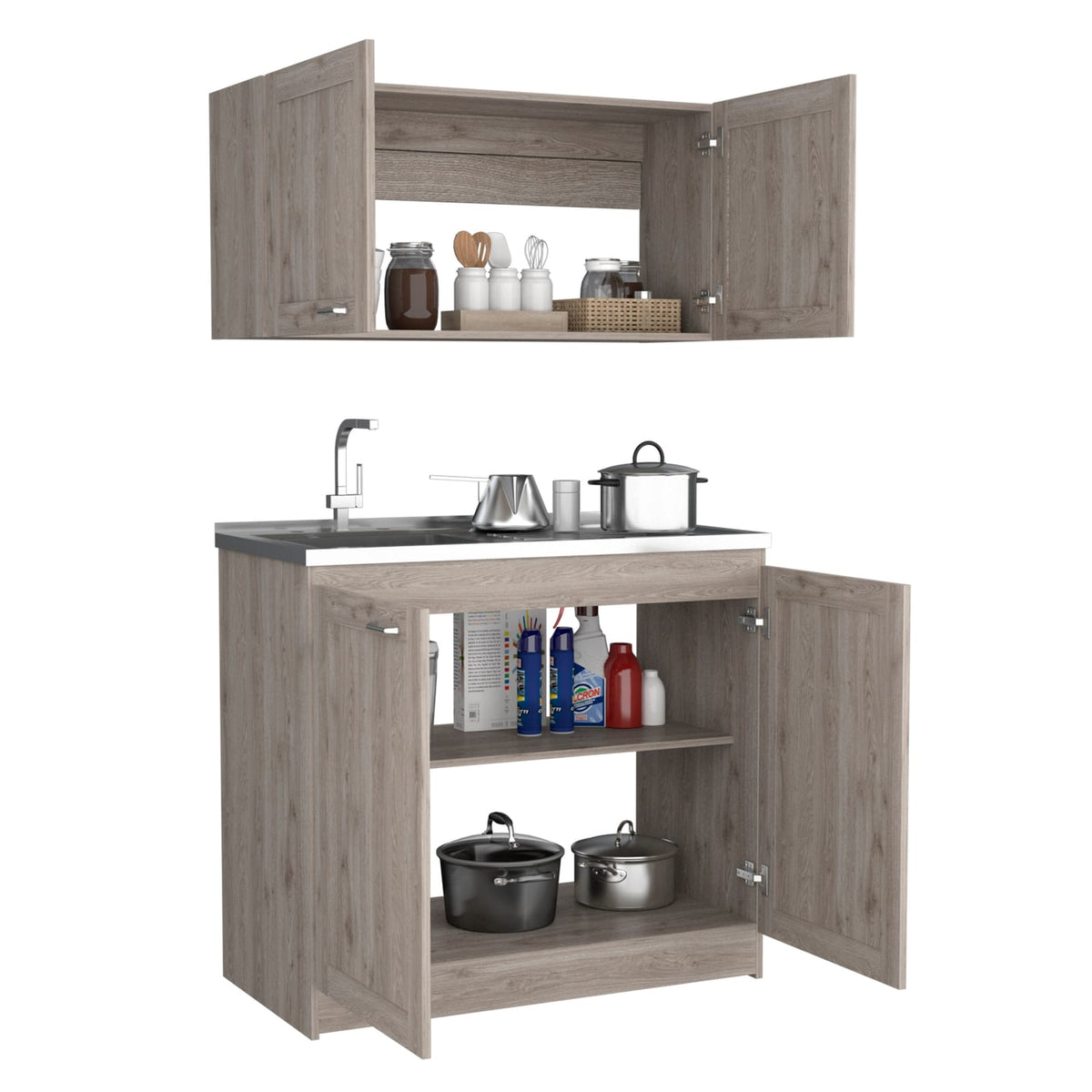 Light Gray Particle Board Kitchen Dining Set with Countertops