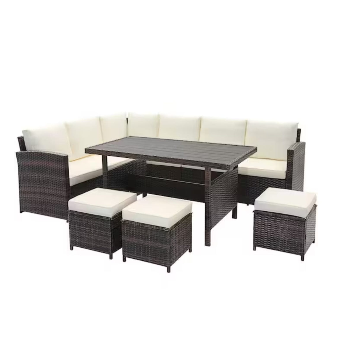 7-Piece Wicker Outdoor Dining Set - Beige Cushions, 9 Seats for Patio & Porch