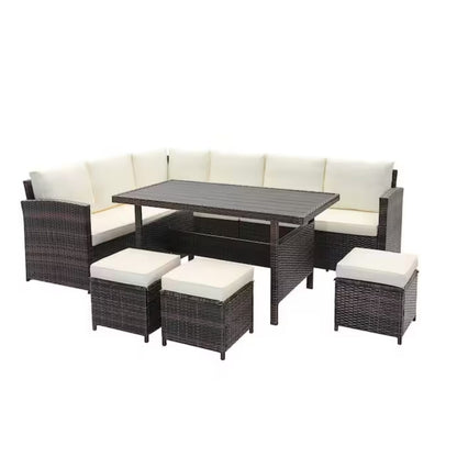 7-Piece Wicker Outdoor Dining Set - Beige Cushions, 9 Seats for Patio & Porch