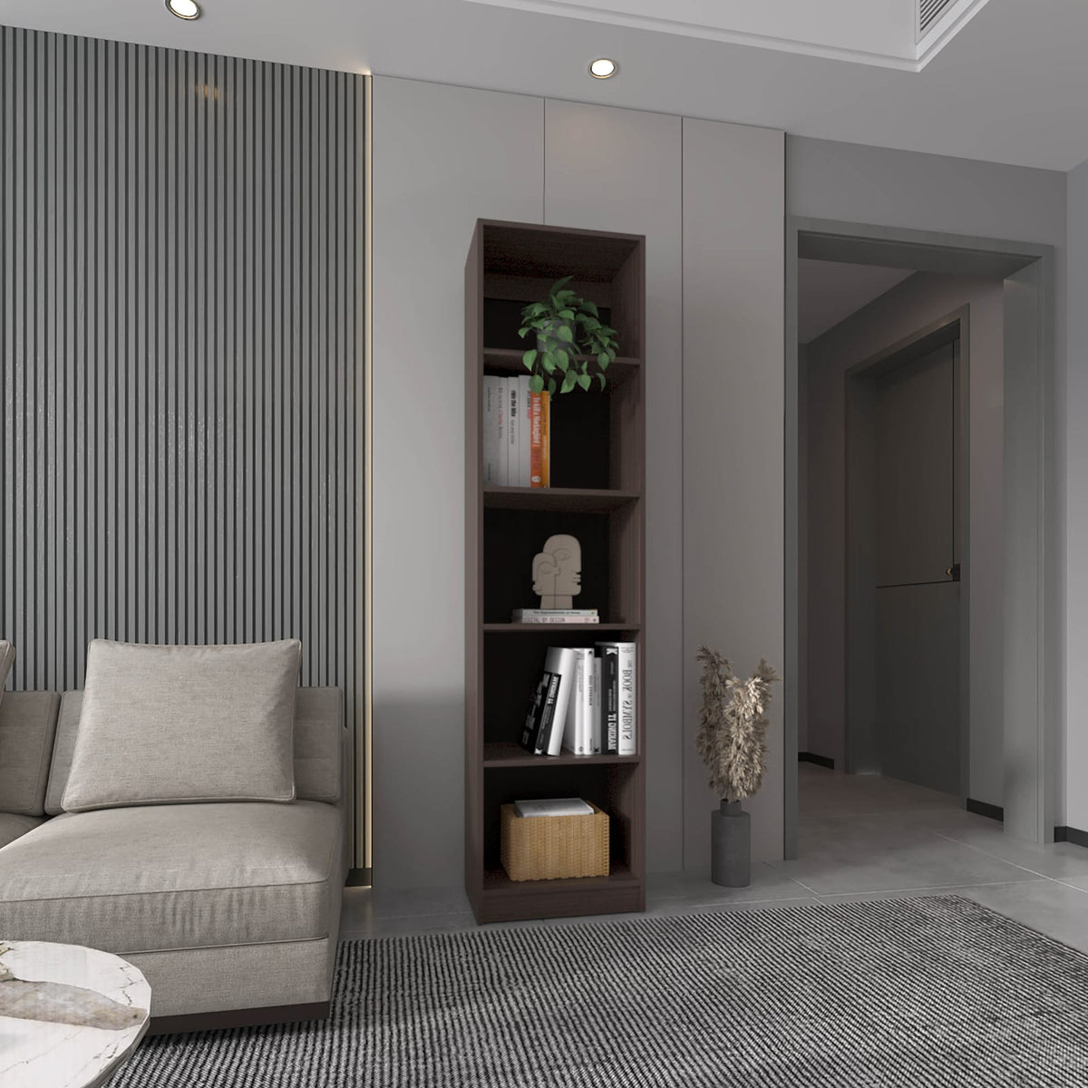 Walnut 5 Shelf Bookcase - Narrow Display Shelving for Living Room