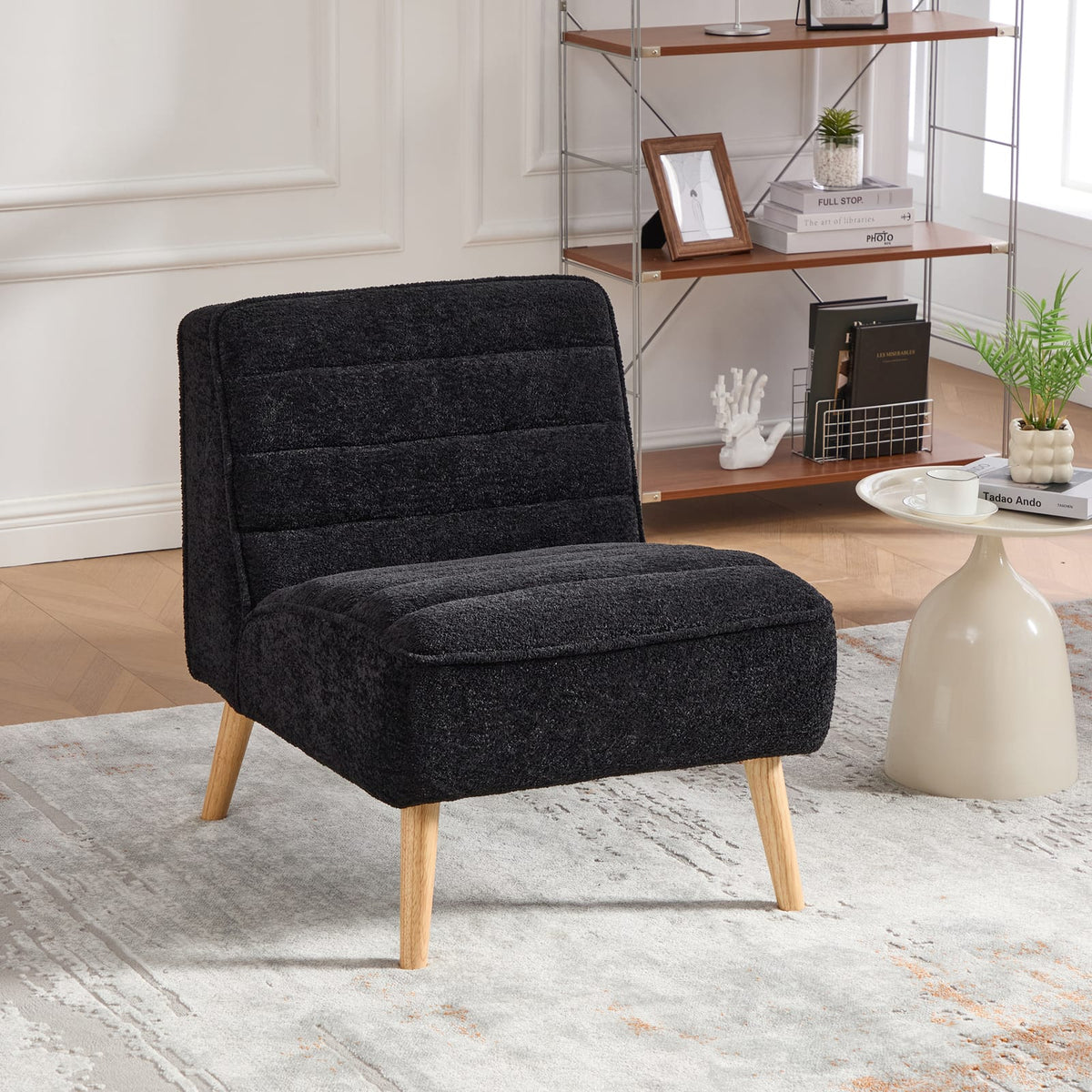 Modern Armless Accent Chair - Black Chenille, 24.4" Wide