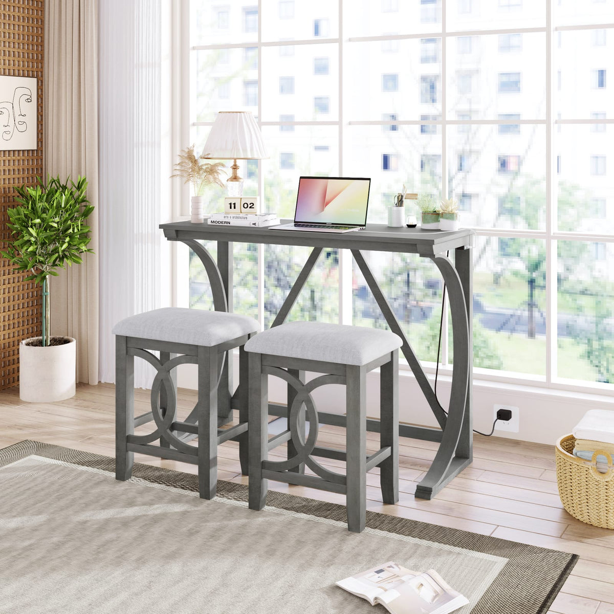 Gray Counter Height Dining Table Set with 3 Stools for Dining Room