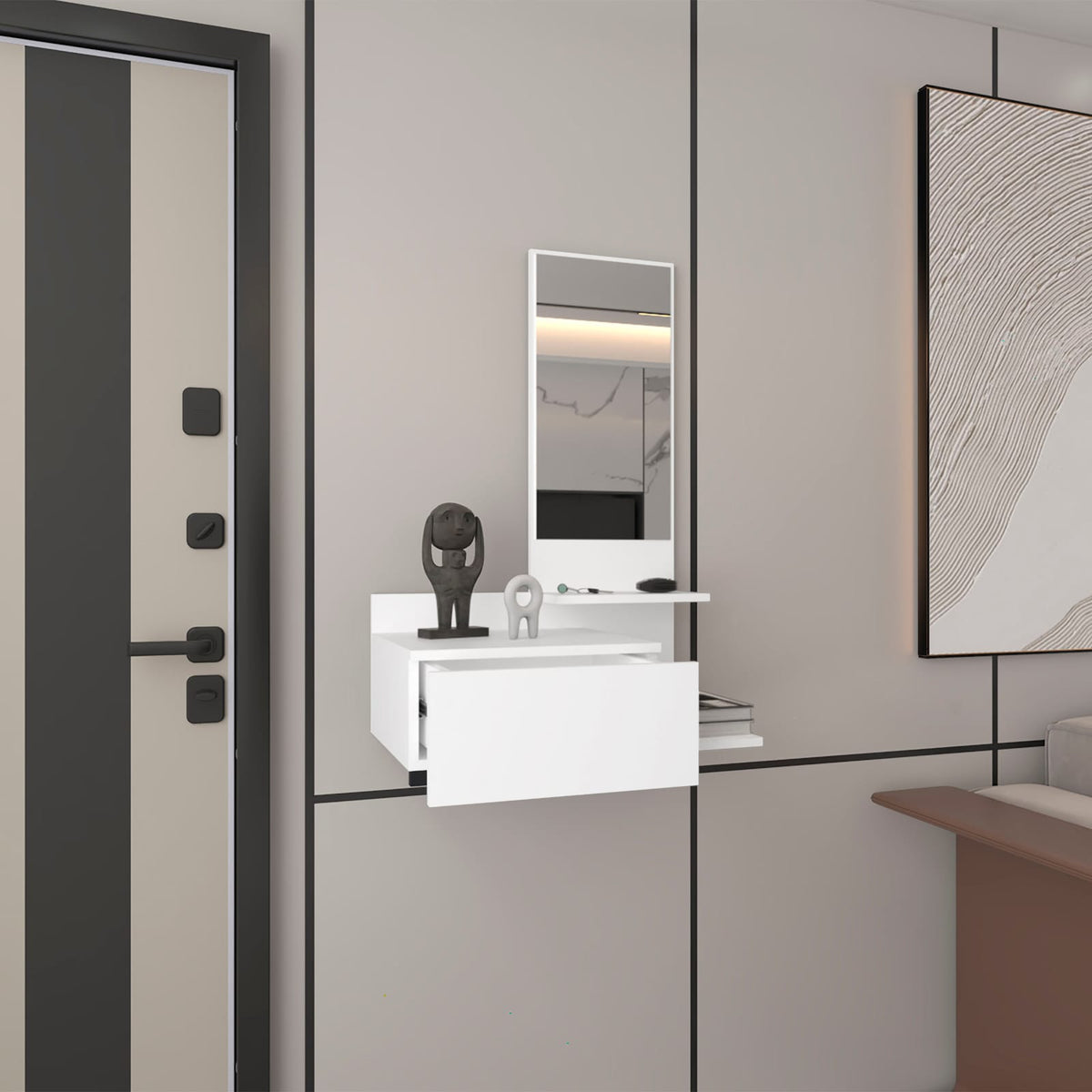 White Hallway Cabinet with Mirror - 36.2" Storage for Living Room