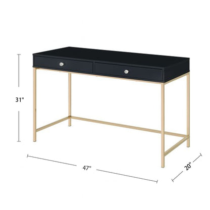 Black & Gold Writing Desk with 2 Drawers - Office Desk for Home Office