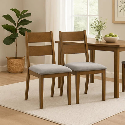 Lyoi Dining Chairs - Light Grey Fabric, Brown Wood Set of 2