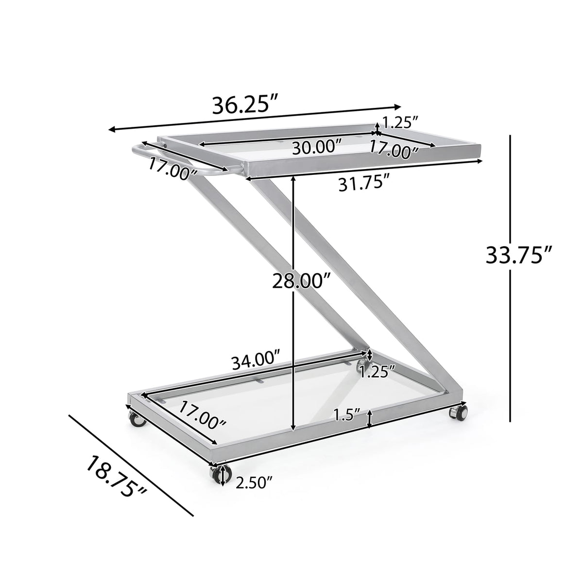 Silver Glass & Metal Bar Cart - Iron Base Rolling Carts