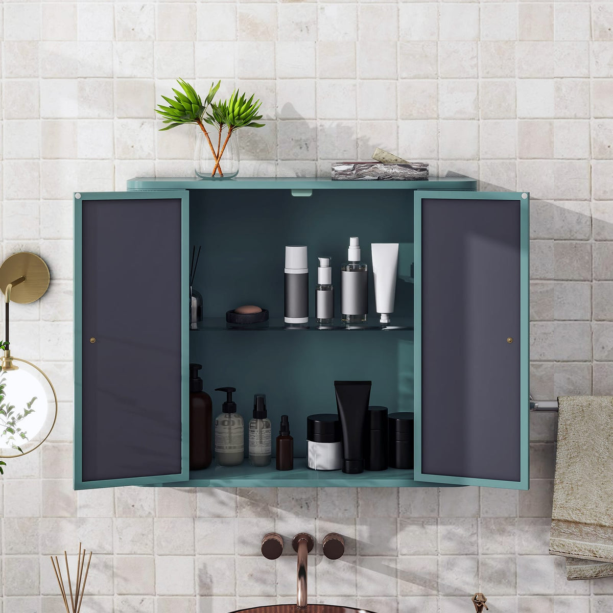Army Green Bathroom Storage Cabinet with Mirror - 2 Door Wall Mounted