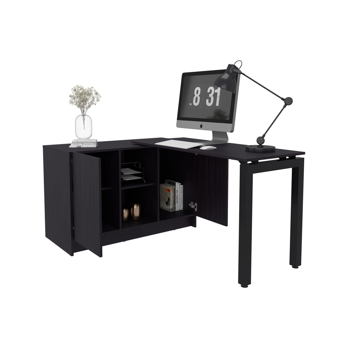 72-Inch Rotable Desk in Black Particle Board for Modern Home Office