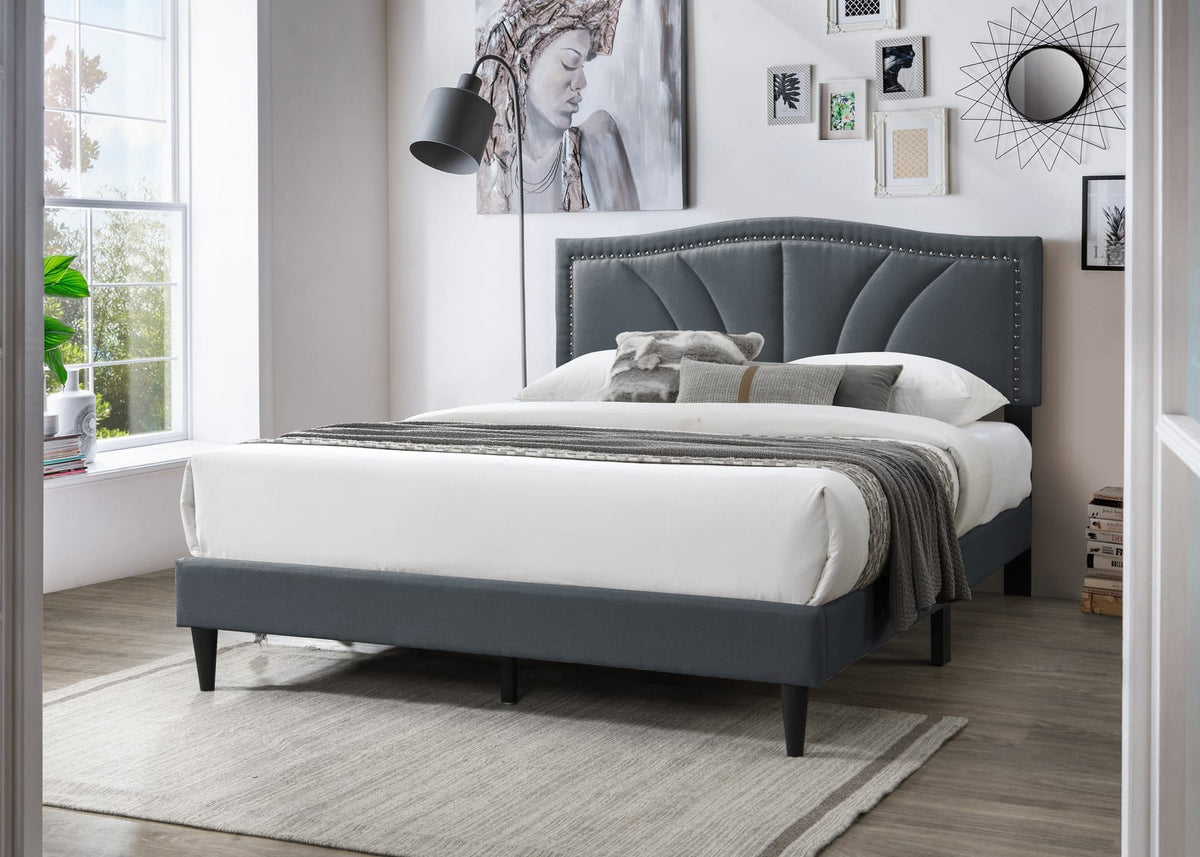 Queen Size Charcoal Burlap Headboard Bed Frame for Bedroom