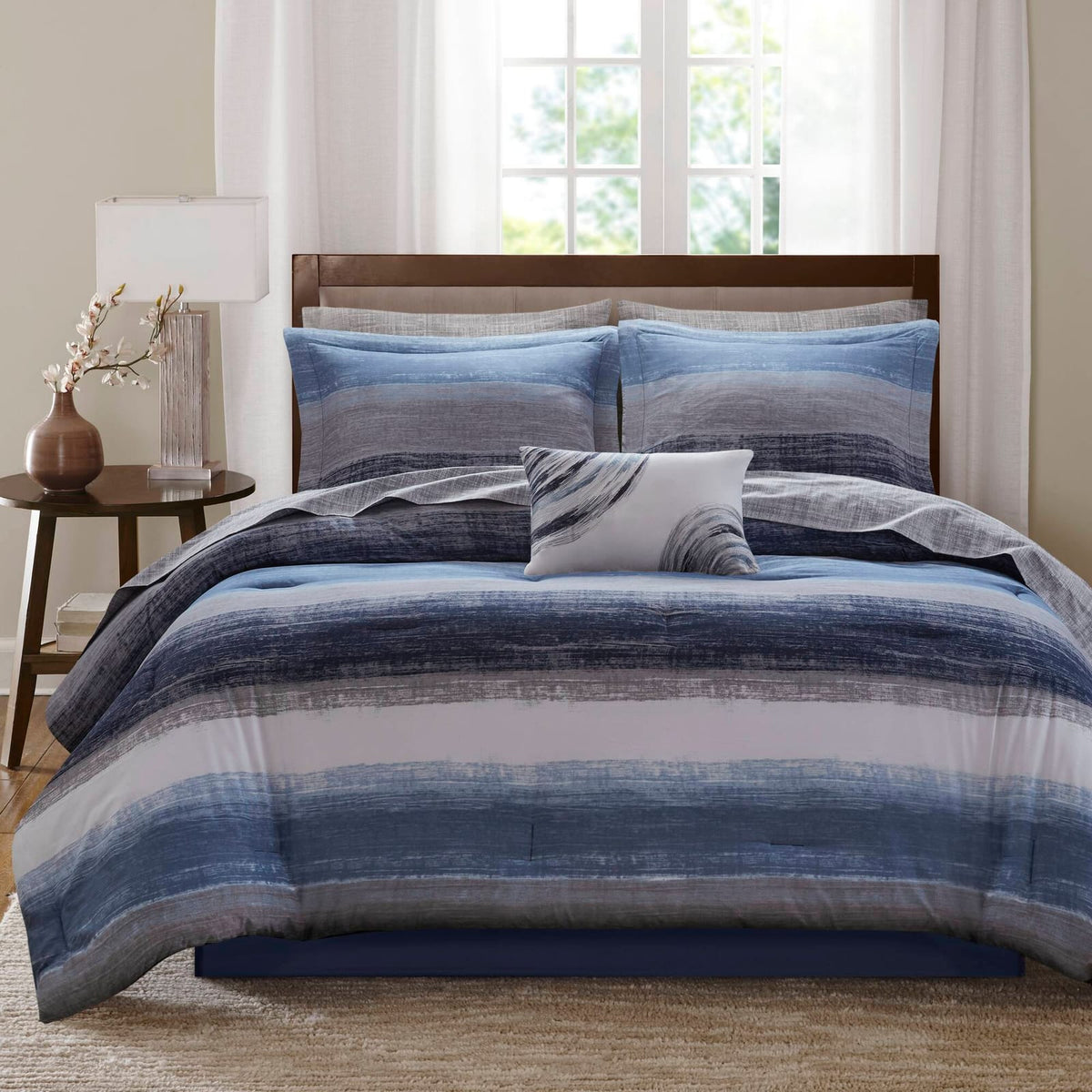 King Comforter Set Navy Multi Watercolor Stripe