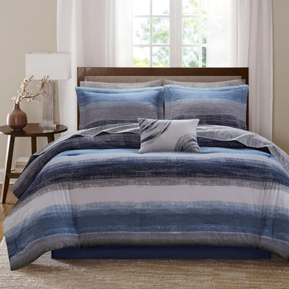 King Comforter Set Navy Multi Watercolor Stripe