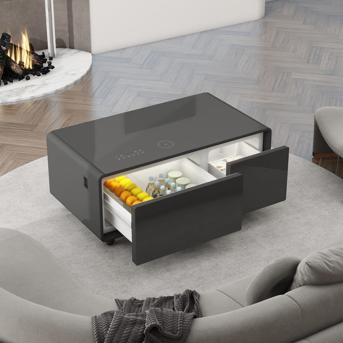 Modern Smart Coffee Table with Built-in Fridge & USB Ports, Black for Living Room