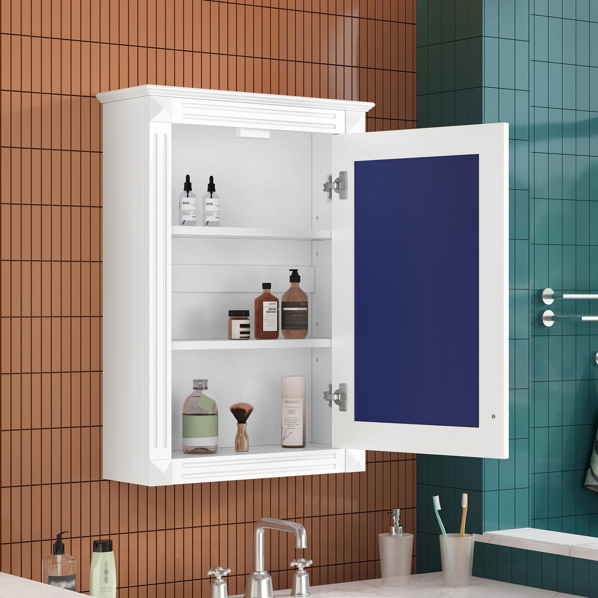 White Bathroom Storage Cabinet with Mirror - 2 Shelves