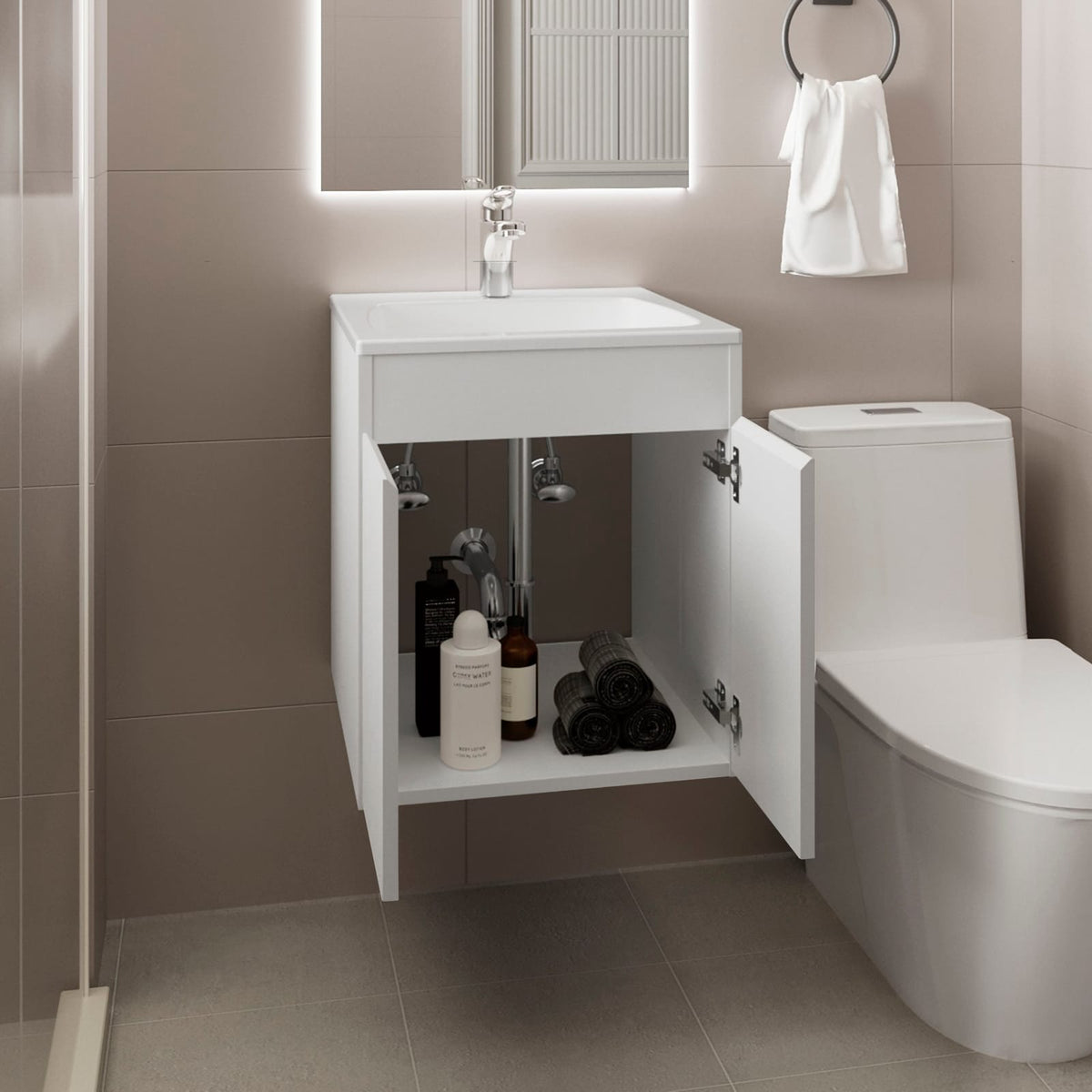 White Bathroom Vanity with Drawers & Shelf - Wall Mounted Storage