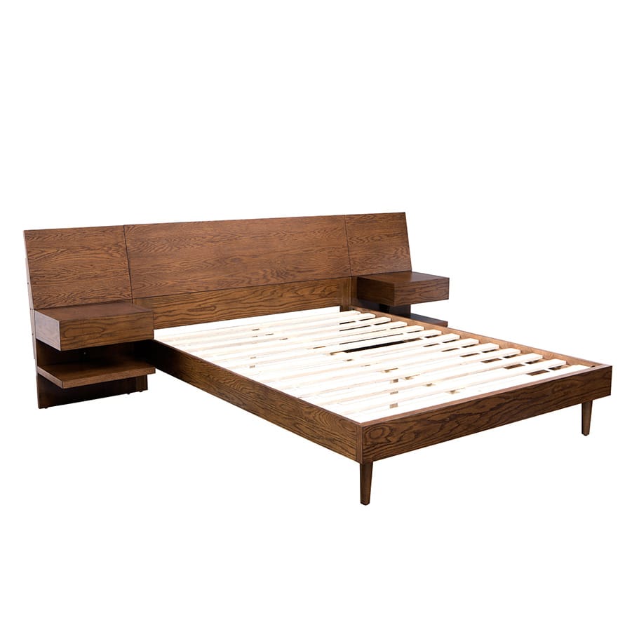 Queen Pecan Wood Bed Frame with 2 Nightstands