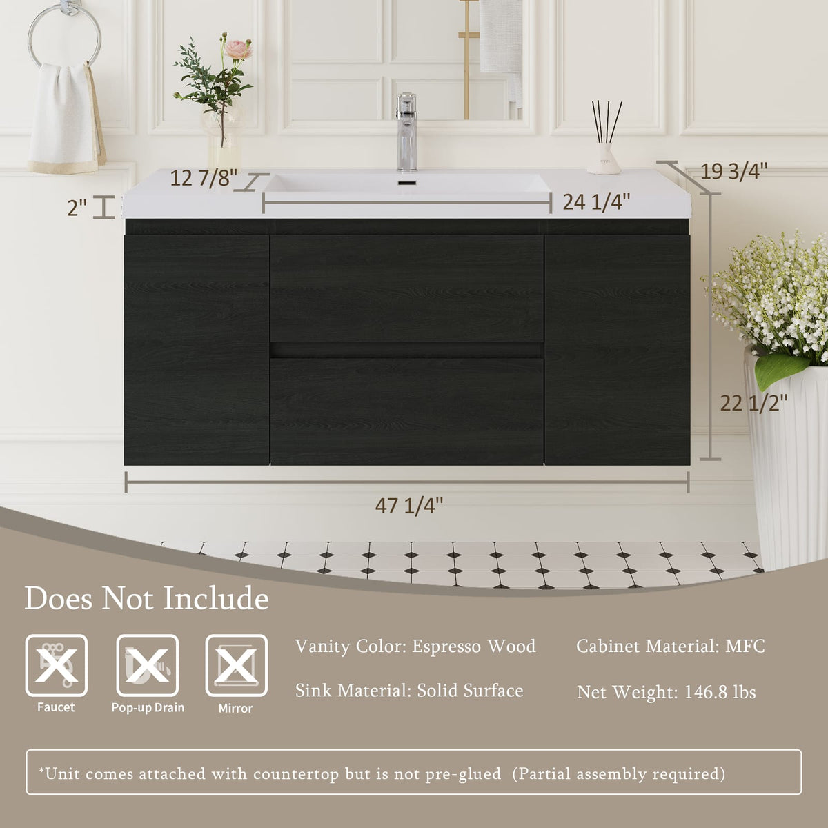 48 Inch Espresso Floating Bathroom Vanity with Resin Sink