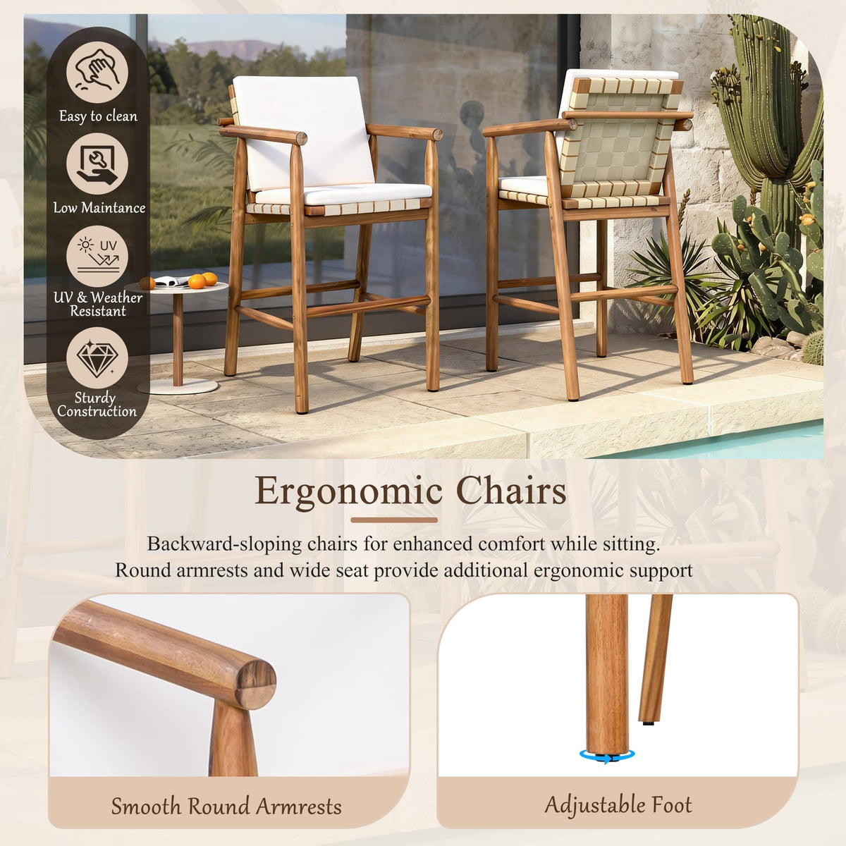 2 Acacia Wood Bar Stools with Beige Cushions - Patio Set