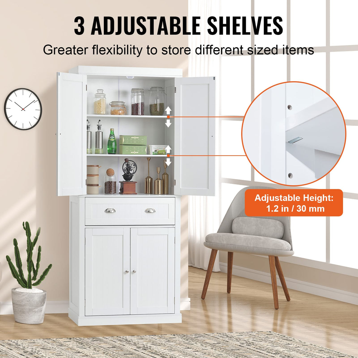 72" White Kitchen Pantry Cabinet with Adjustable Shelves for Living Room