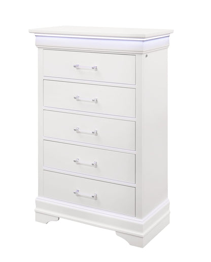 CHARLSTON White Chest with LED Lighting - 5 Drawers for Bedroom