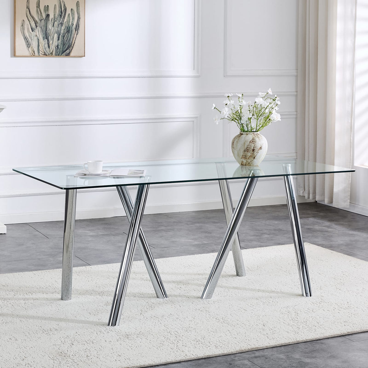71 Inch Tempered Glass Dining Table - White Metal Legs