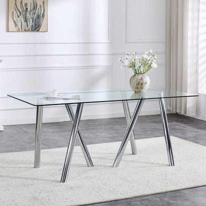 71 Inch Tempered Glass Dining Table - White Metal Legs