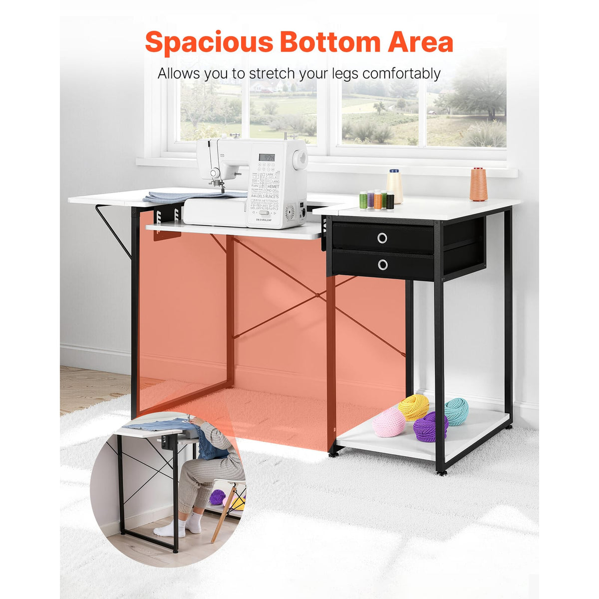 White Steel Sewing Table with Drawers & Adjustable Shelf