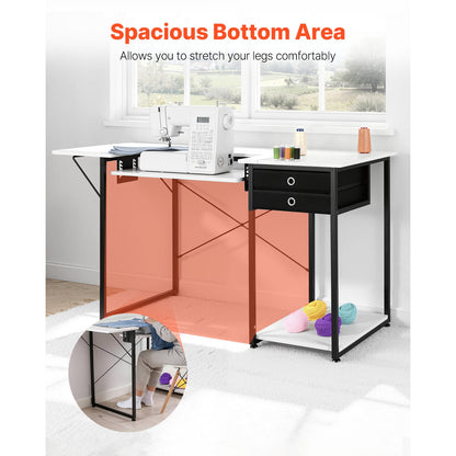 White Steel Sewing Table with Drawers & Adjustable Shelf