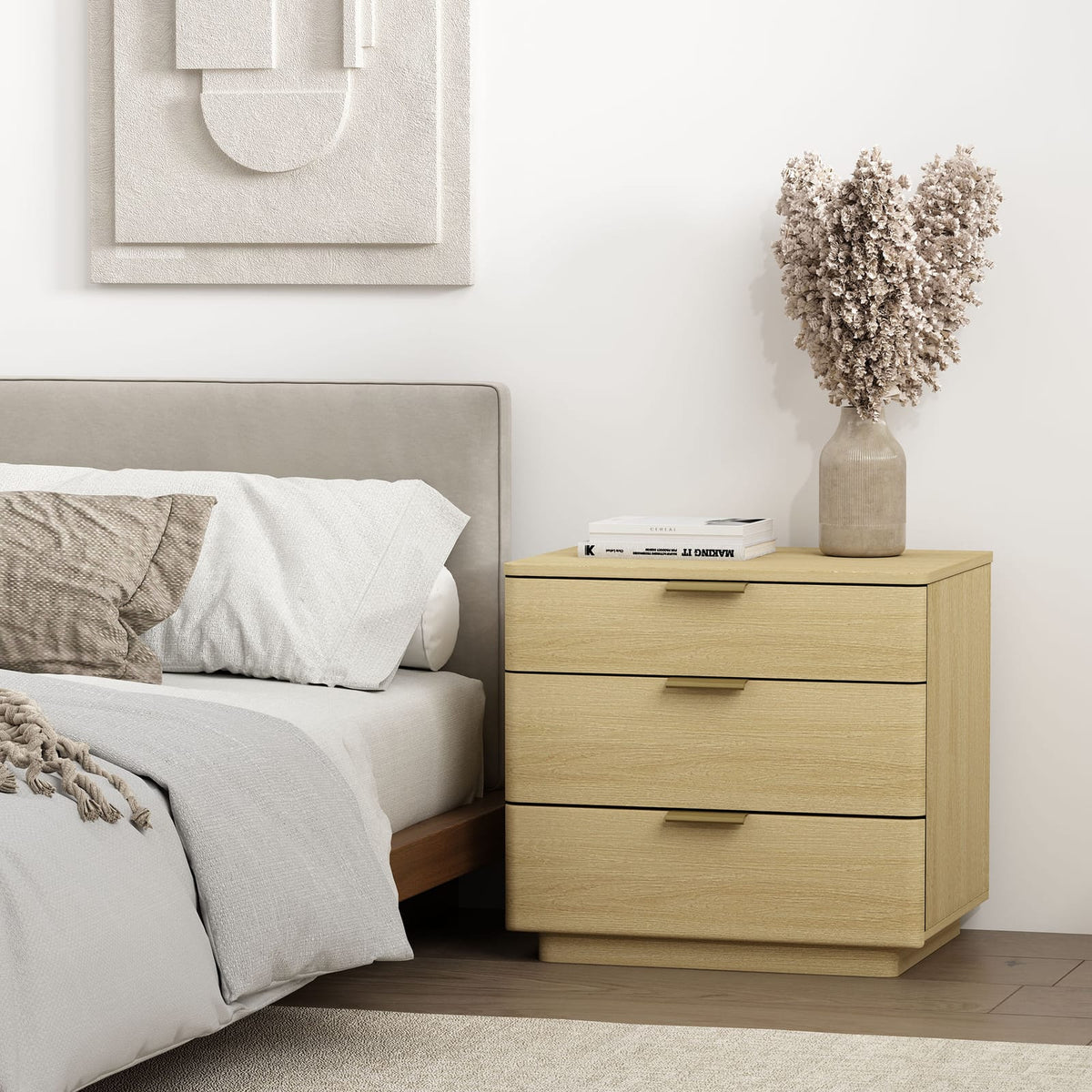 Natural Oak Nightstand - 26" Modern Design for Bedroom