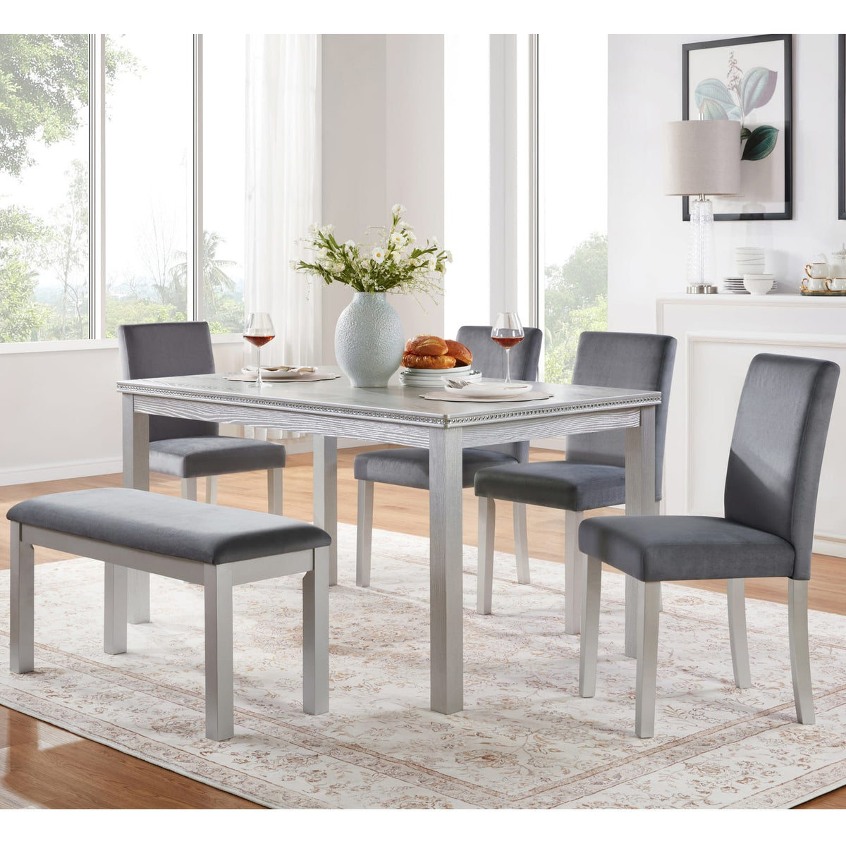 6-Piece Wooden Dining Table Set - Silver Grey, Seats 6