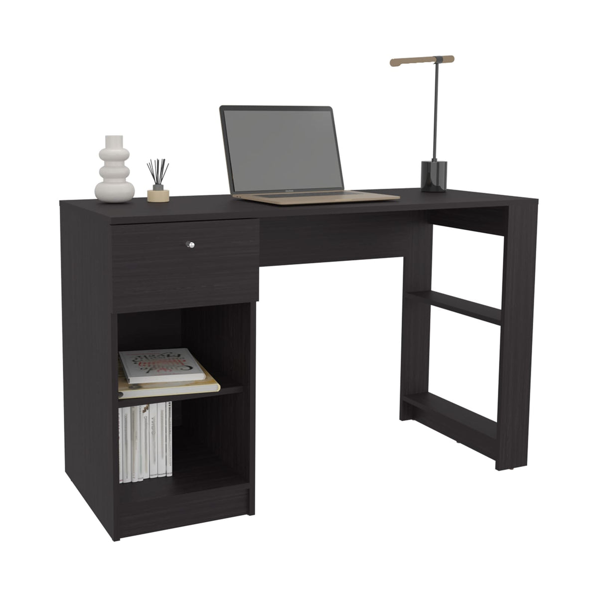 Black Computer Desk - 1 Drawer & 2 Shelves - Storage Workstation