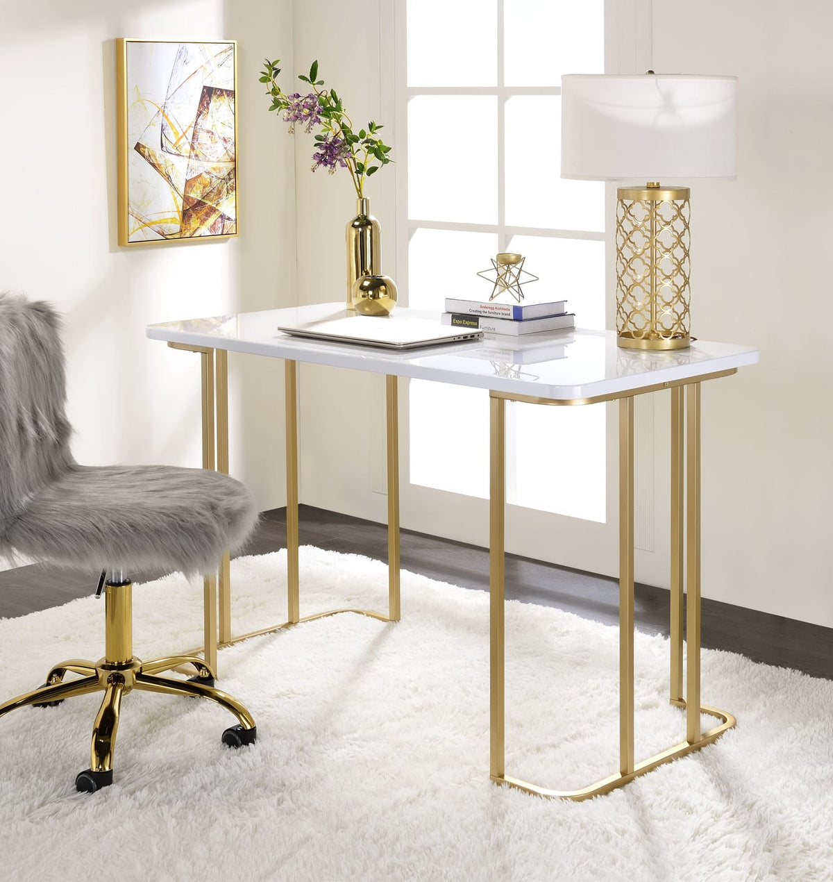 Estie White & Gold Finish Writing Desk - Work From Home Office Desk