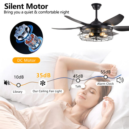 Black Iron Ceiling Fan with Light for Bedroom Decor and Guest Rooms