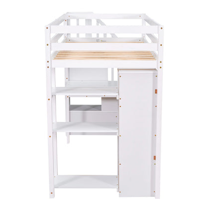 Twin Loft Bed with Storage - White Solid Wood Frame for Bedroom