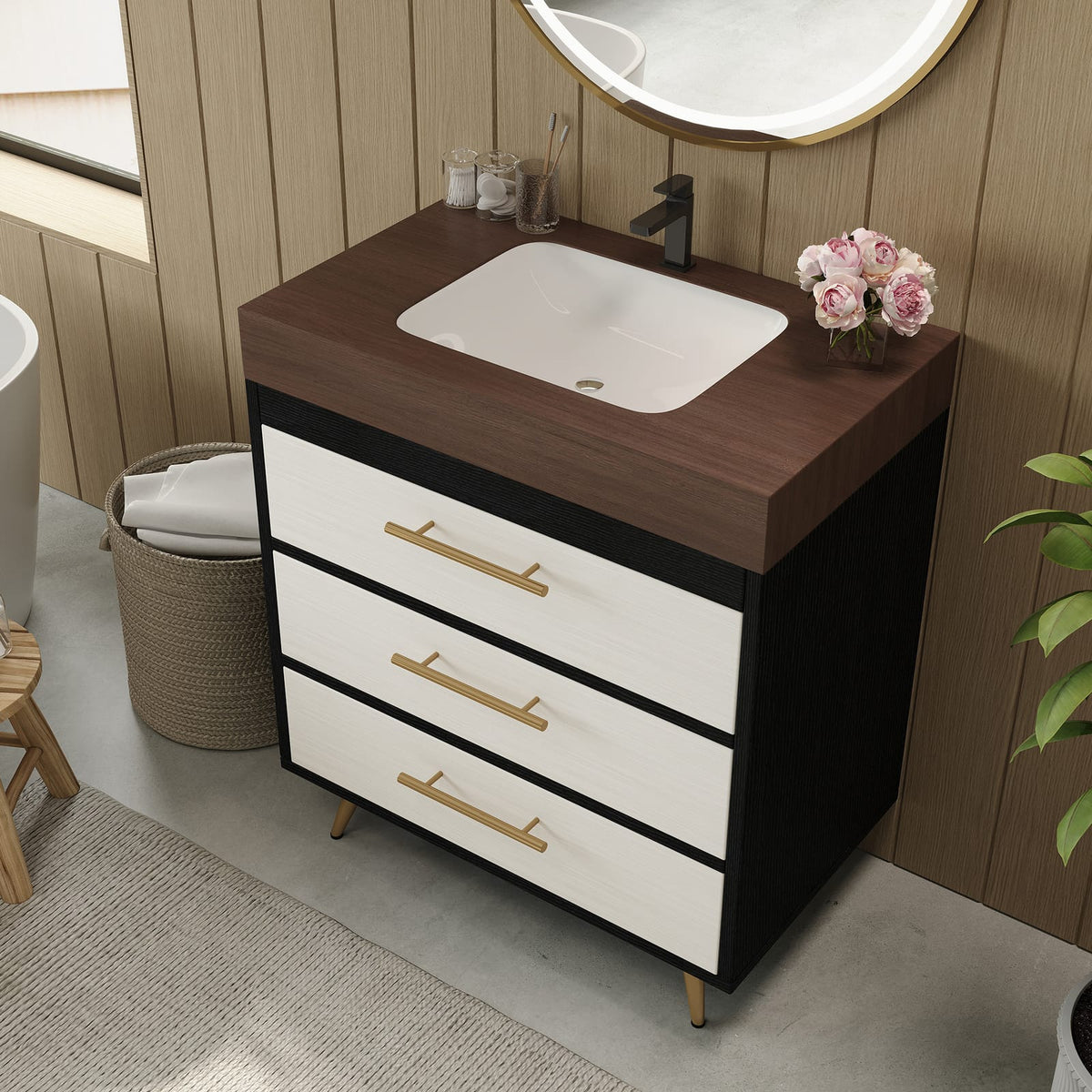 29.9 Inch Black Freestanding Bathroom Vanity with Sintered Stone Top