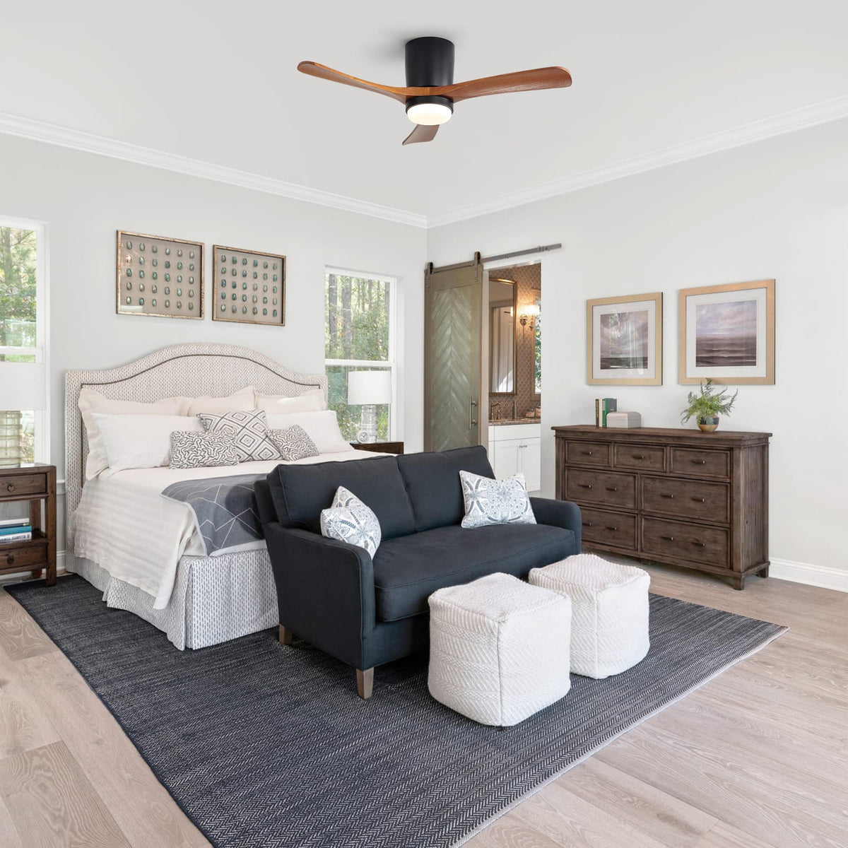 42 Inch Ceiling Fan with Wood Blades, Matte Black - Dimmable LED