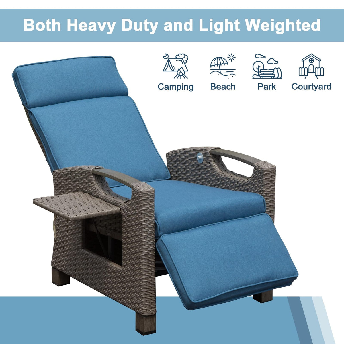 Blue Rattan Patio Recliner - Outdoor Lounge Chair