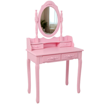 Pink Princess Vanity Desk Set - 4 Drawers, Mirror & Stool