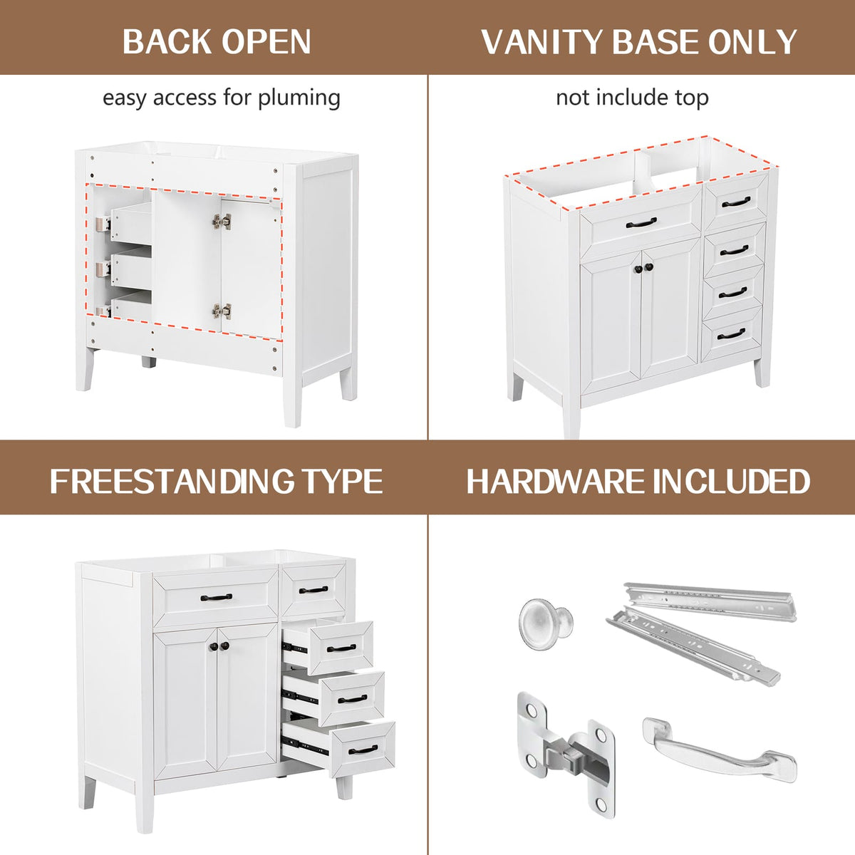 36 Inch White Bathroom Vanity Base - Solid Wood MDF