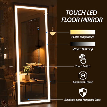 Full Length Tempered Glass Mirror with LED Lights - 67" Black
