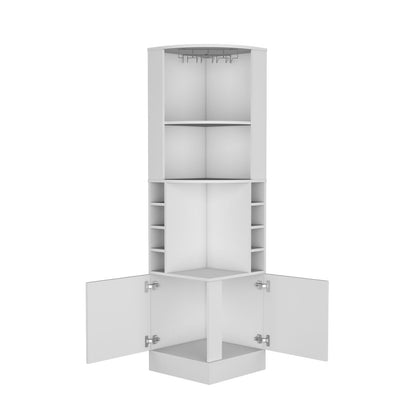 White Engineered Wood Corner Bar Cabinet - 8 Wine Racks
