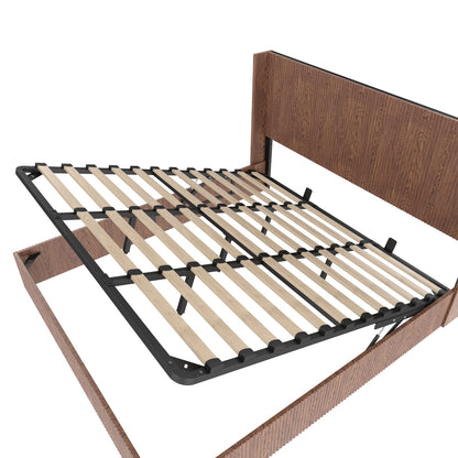 King Size Iron Bed Frame with Natural Wood Storage Platform for Bedroom