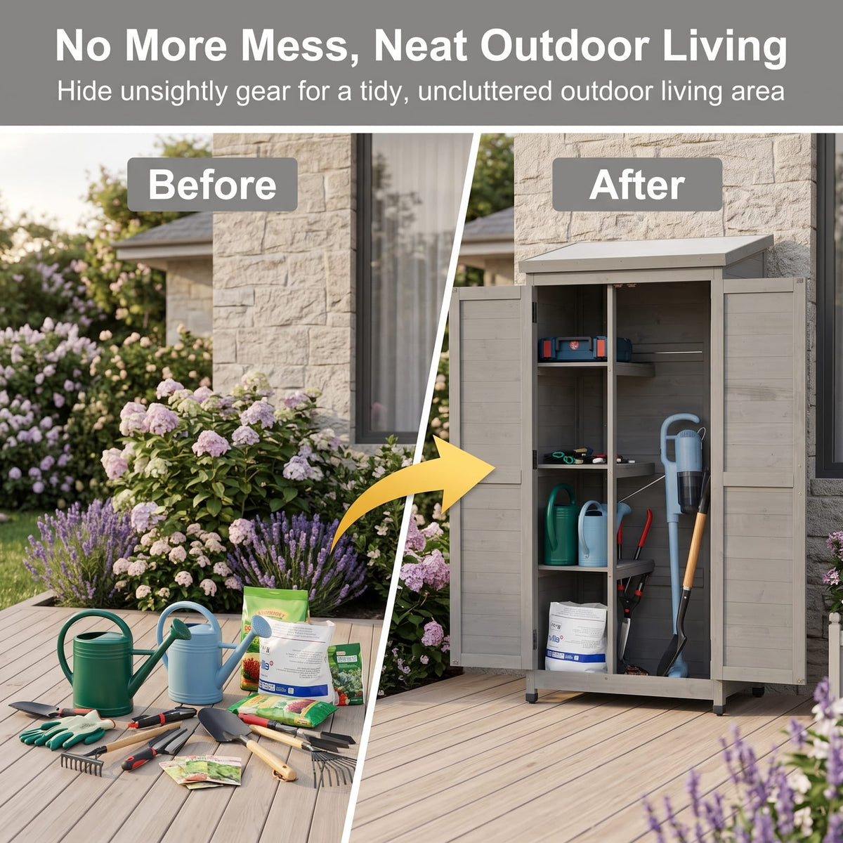 Grey Solid Wood Outdoor Storage Cabinet for Garden Patio Organization