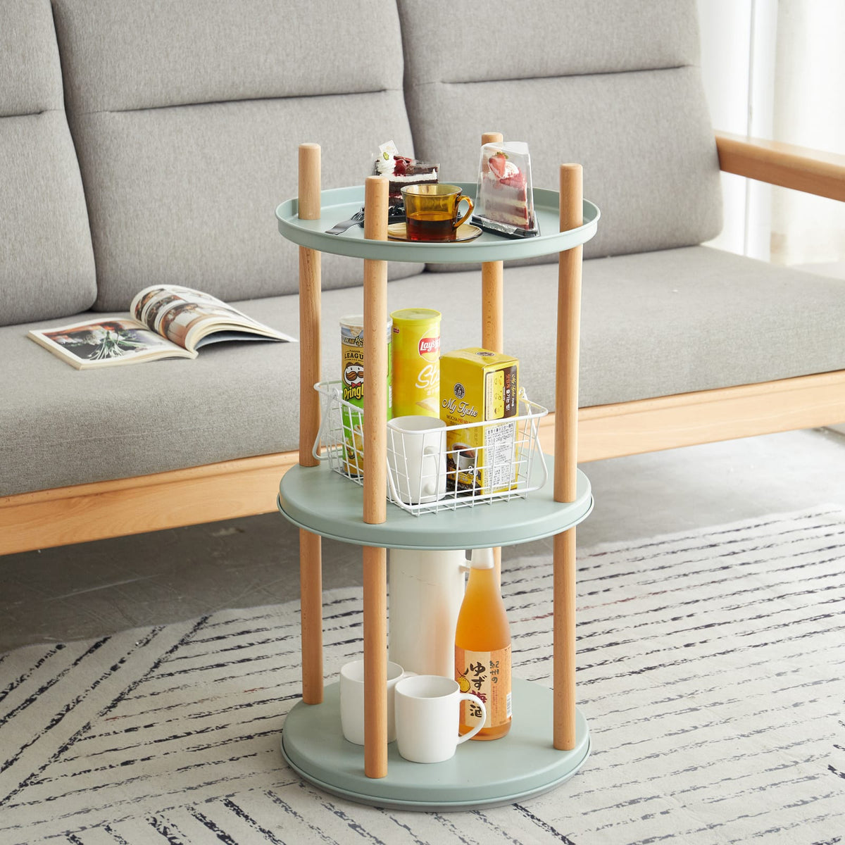 3-Tier Rotating Bookshelf - Blue Beech Wood for Living Room